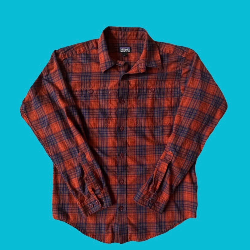 Patagonia Organic Cotton Flannel Shirt Orange Blue Plaid 100% Cotton Men Sz S